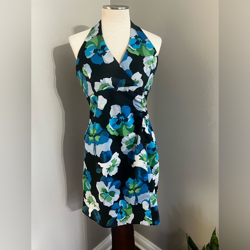 Blue floral halter  dress , size 10 has stretch in good condition
